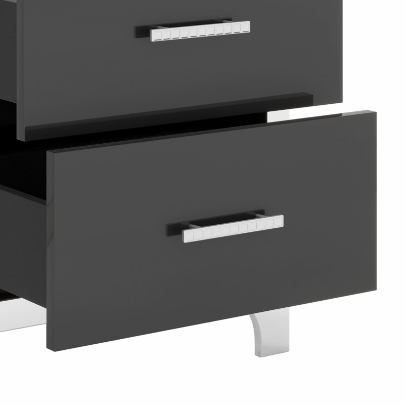 Sleek Mirrored Nightstand with 2 Drawers & Metal Handle, Black