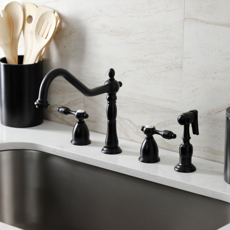 Kingston Brass Tudor Double-Handle Widespread Kitchen Faucet, With Spray, Matte Black