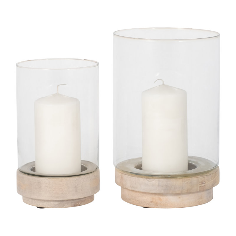 Sagebrook Home Iron and Glass Candle Holders on Mango Wood Base - Elegant Home Decor Essentials for Serenity, White