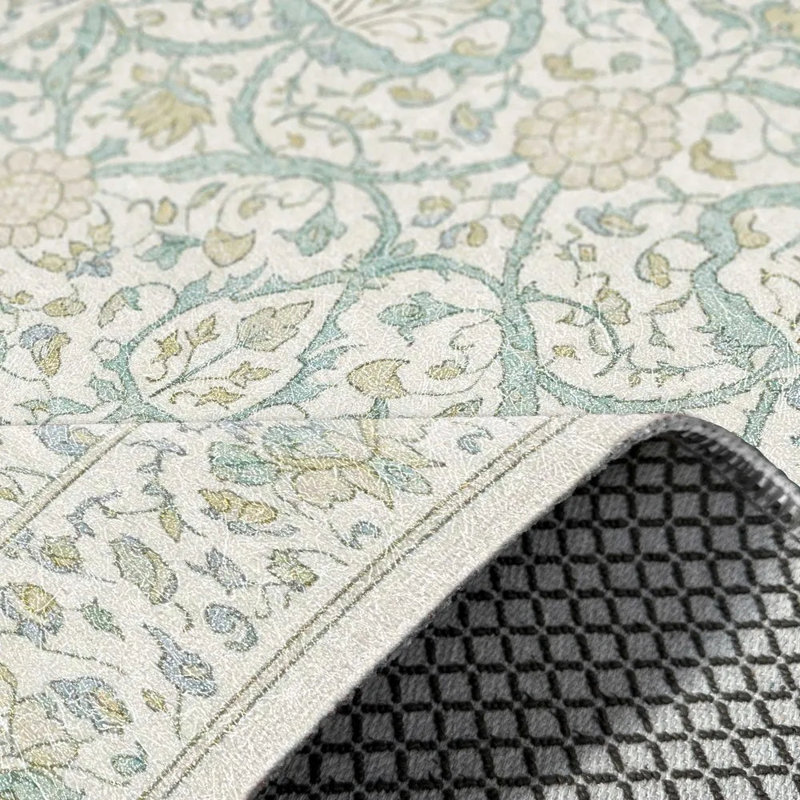 Netline Home Collected Border Muted Green Floral Washable Rug, 160 cm round