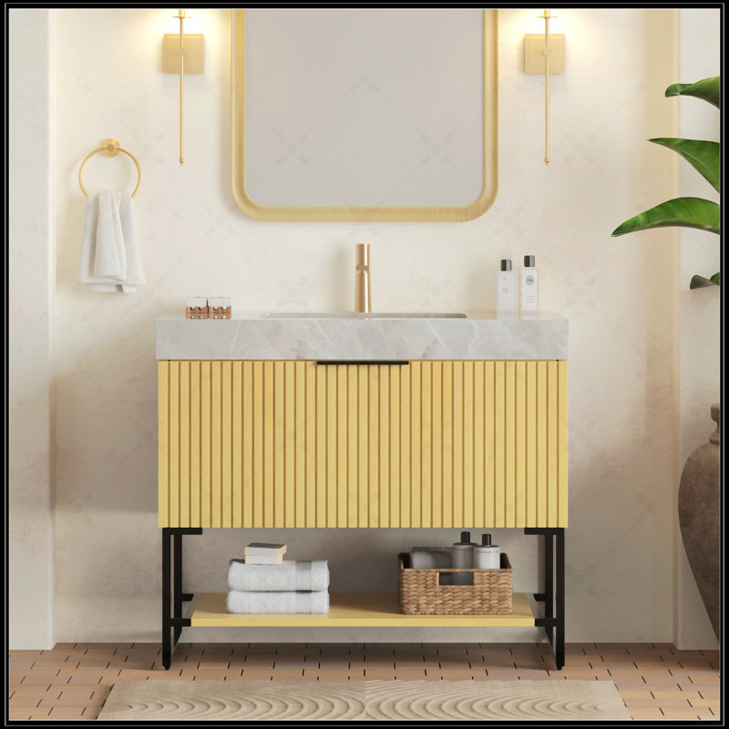 Meuble-lavabo autoportant avec comptoir en pierre frittée blanc de Carrare, cuve en céramique encastrée et armoire en contreplaqué de chêne Corolla