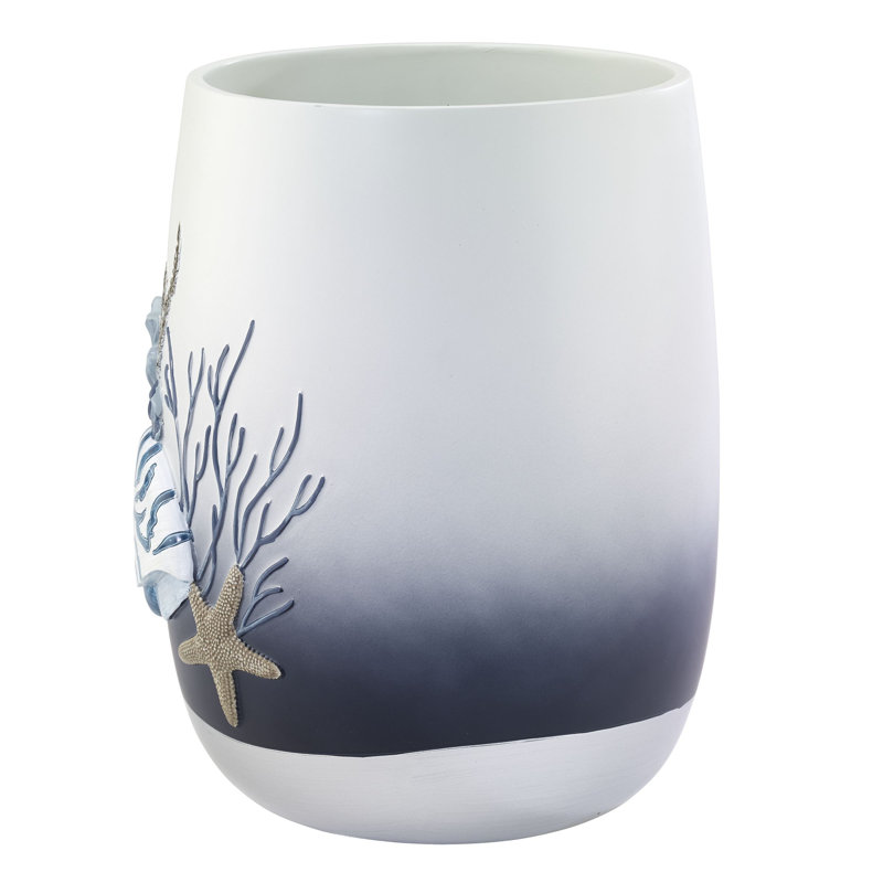 Blue and White Resin Coastal Wastebasket with Starfish