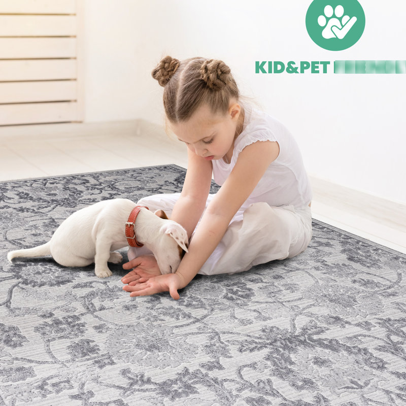 Tapis tissé et gris / argenté / multicolore 5 x 7 - polyvalent pour la maison, teint
