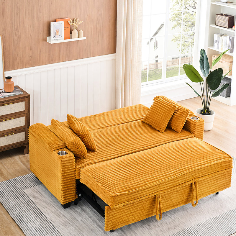 Lit orange en velours côtelé de 80 pouces avec porte-gobelet - idéal pour les espaces de vie compacts