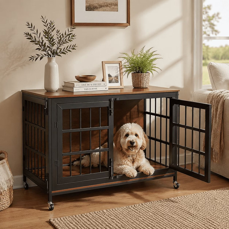 Grande niche en bois pour chien, avec cadre métallique robuste, meuble de rangement intérieur avec double porte, porte latérale, roulettes verrouillables et pieds réglables pour chiens de taille moyenne à grande.