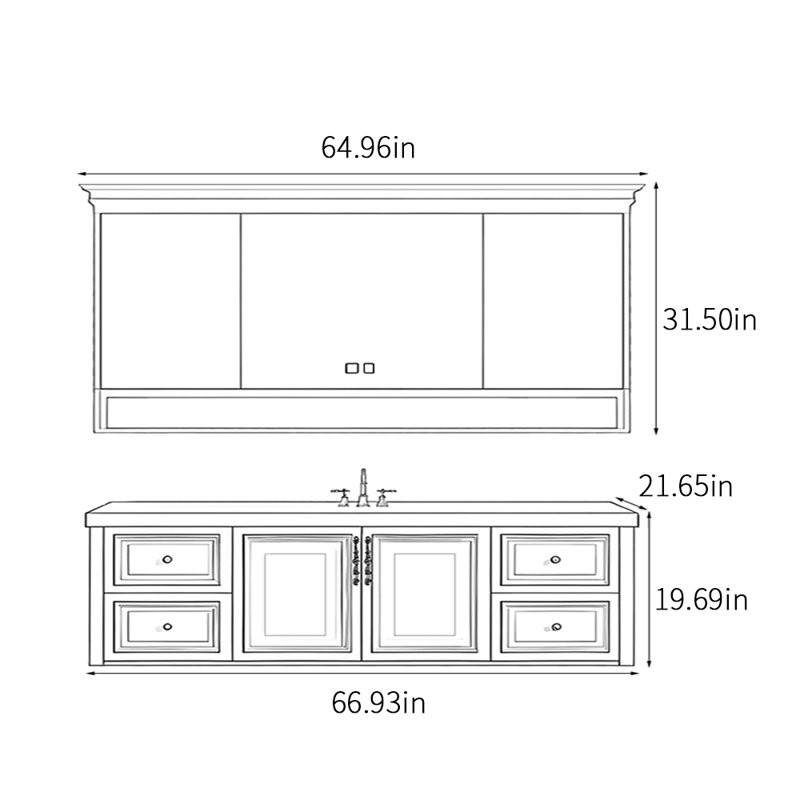 Armoire de salle de bain luxueuse de style rétro français, H 19,69 po x l 66,93 po x P 21,65 po, Blanc cassé