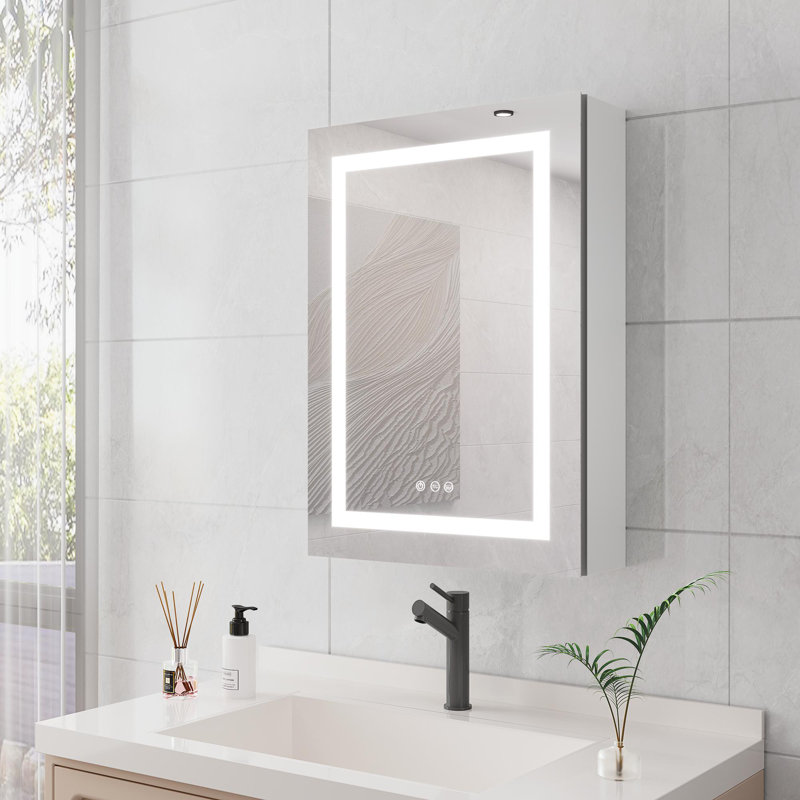 Armoire à pharmacie de salle de bain murale à DEL avec lumières 20 po x 28 po avec miroir, antibuée, imperméable, à intensité variable, 3000 K ~ 6000 K, porte simple, interrupteur tactile, tablettes de rangement