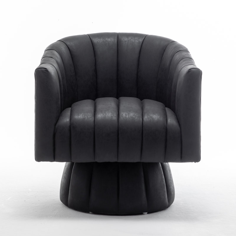 Faux Leather Swivel Barrel Chair, Black Faux Leather, 2