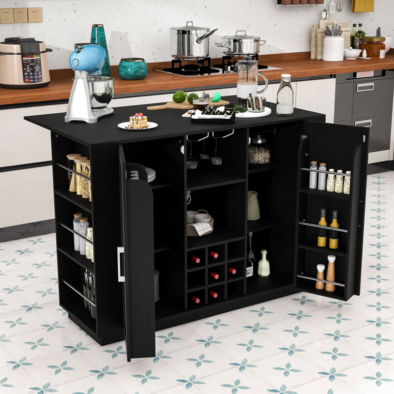 Table de bar à hauteur de comptoir avec abattant pliable et prise encastrée, armoire buffet avec porte-bouteilles, Noir