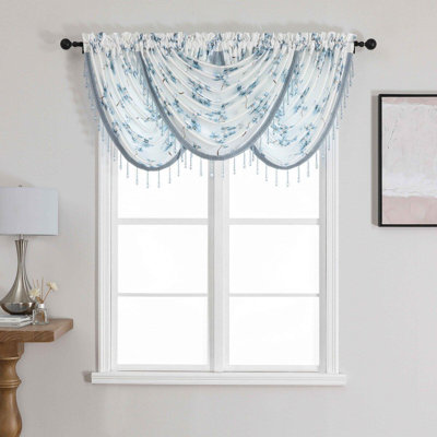  3 Piece Printed Cherry Blossom Beaded Rod Pocket Window Valances - Blue