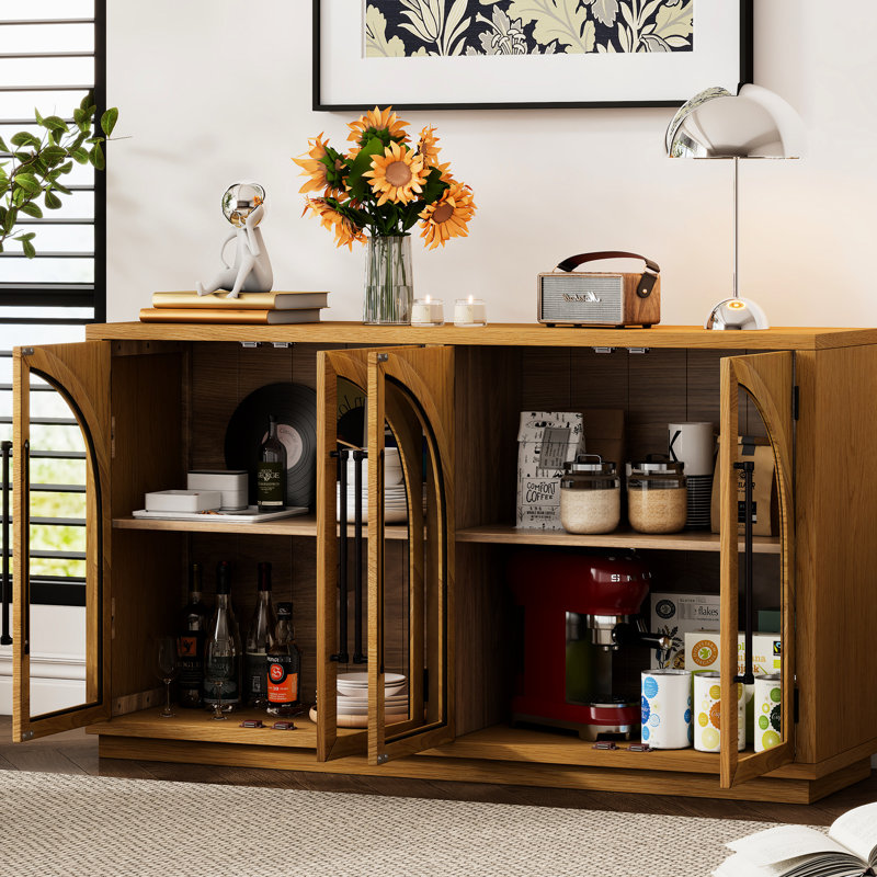 Retro Style 4-Door Arched Storage Sideboard With Glass, Adjustable Shelves, Natural Wood, Multifunctional Buffet Cabinet, Shape, Look,