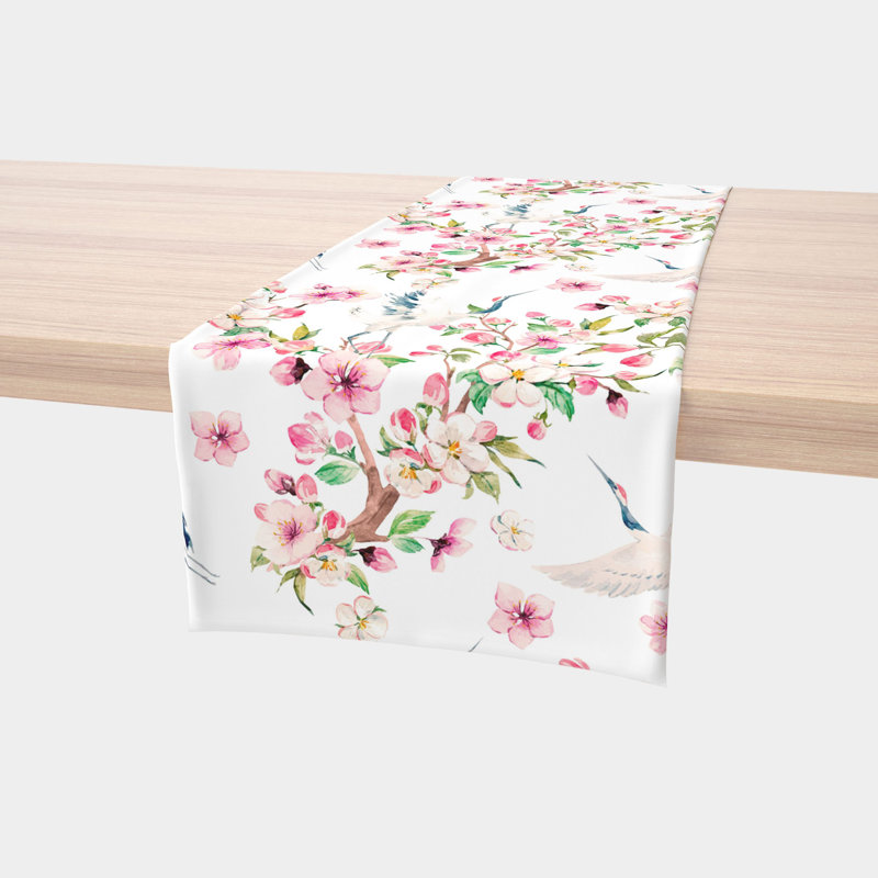 Table Runner, 100% Cotton, 16X108", Cranes & Pink Flowers, 108" L x 16" W