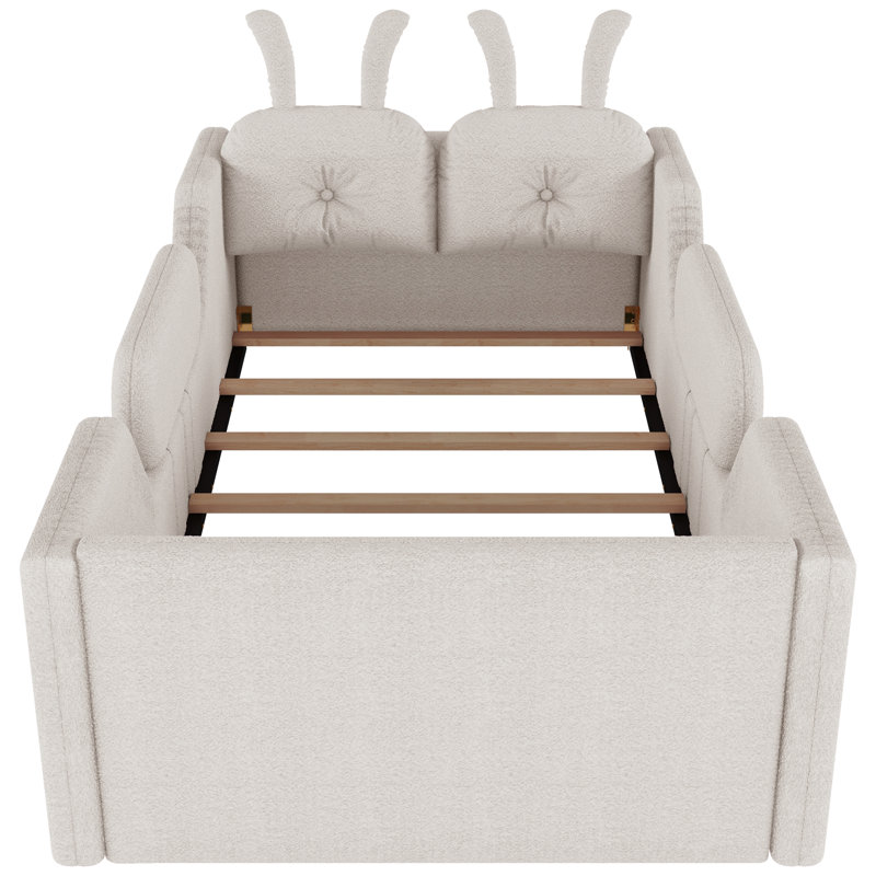 Lit simple tapissier blanc pour lit simple avec 2 coussins en lapin, matelas d'une hauteur de 21 pouces et 8 pouces, traverses latérales amovibles, revêtement doux, pas de sommier tapissier requis, facile à assembler