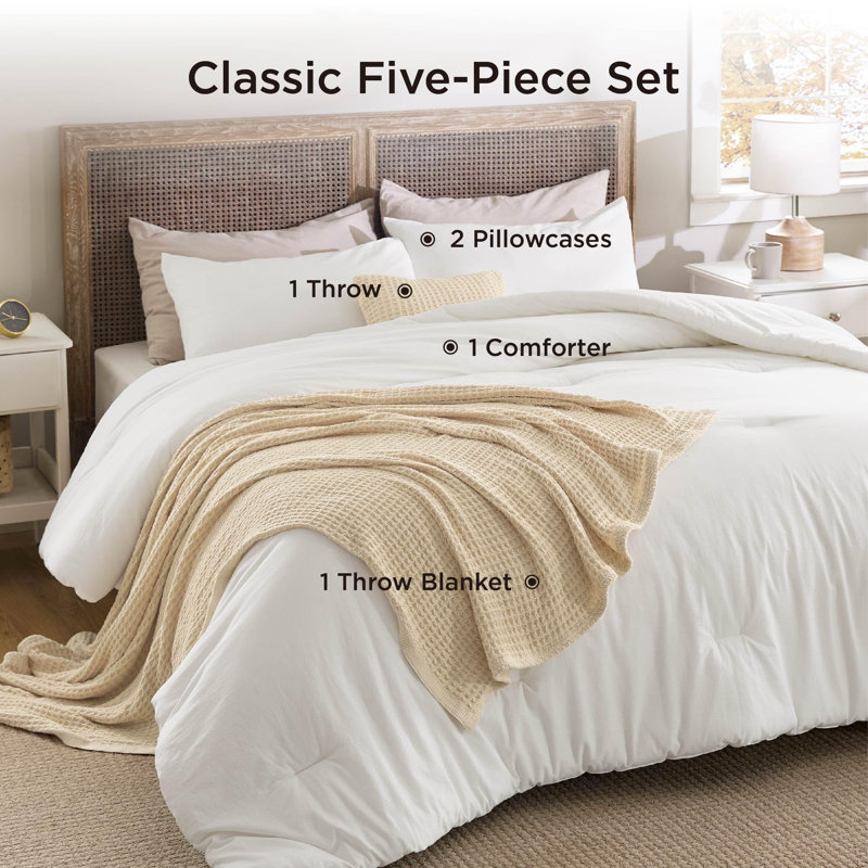 Bedsure Cotton Comforter with Throw Waffle Blanket and Decorative Pillow,Bedding Comforter Sets, White