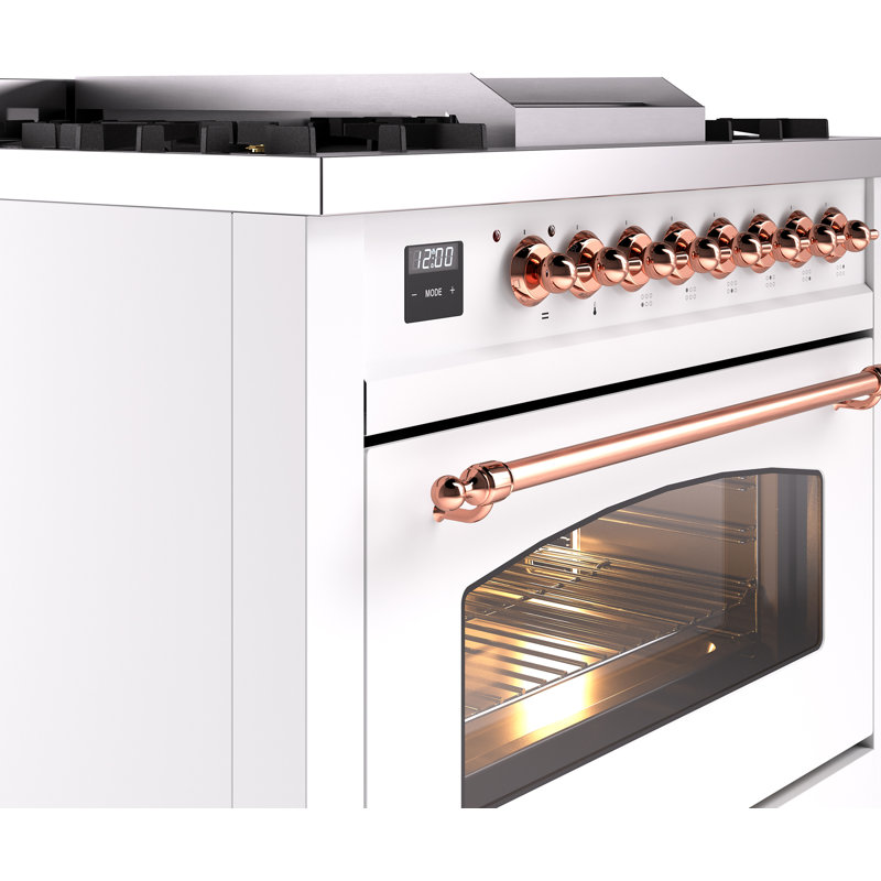 ILVE Nostalgie II 36 Dual Fuel Range, knobs, White/Brass, Natural Gas