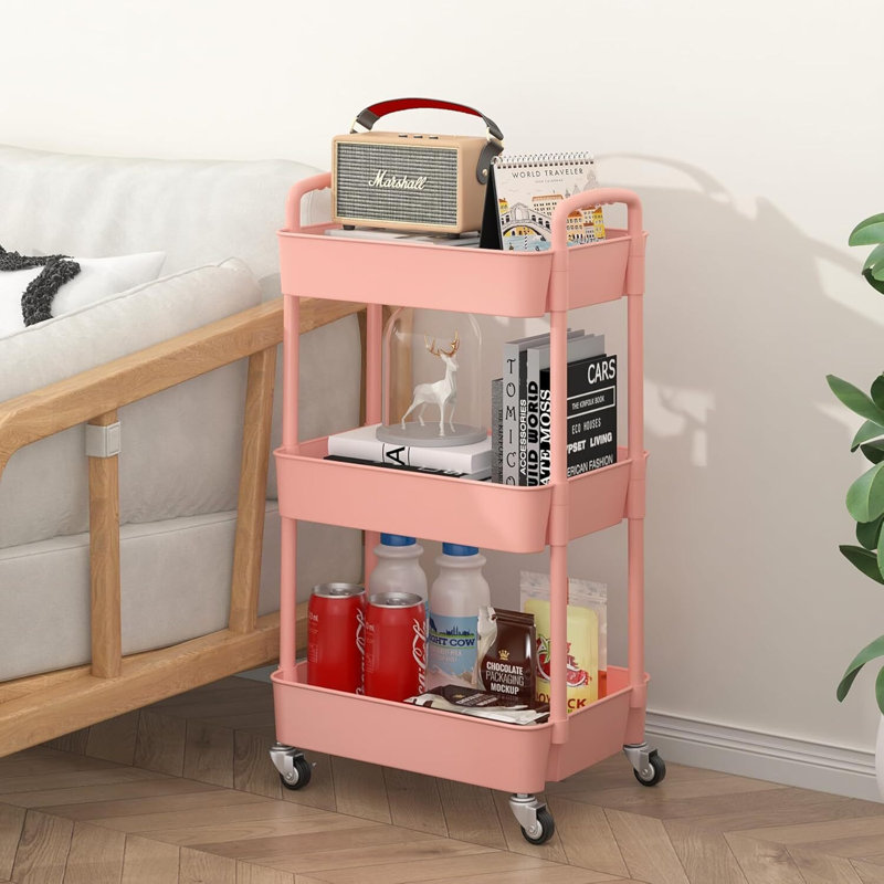 Chariot utilitaire roulant en plastique avec, 29.92" H x 11.42" W x 15.35" D, Rose