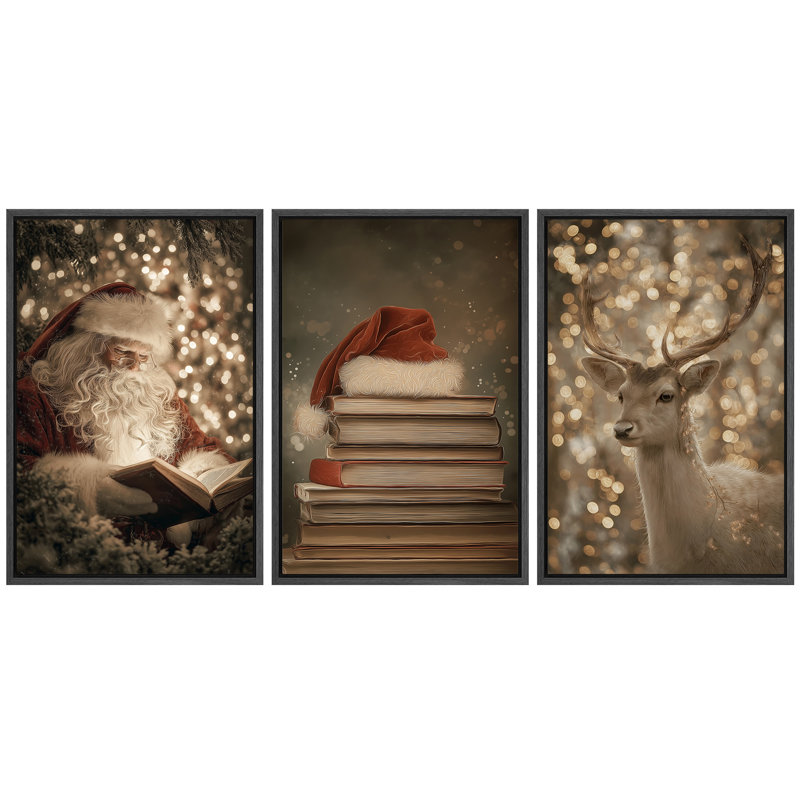 «Christmas Holiday Celebration Festive Christmas Trio», art de livres et de cerfs, H 24 po x l 48 po x P 1,5 po