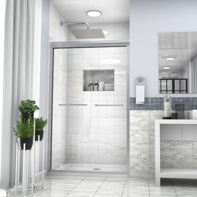 Porte de douche 48 po x 76 po, coulissante semi-by-pass, nickel brossé, verre trempé de 8 mm, enceinte de projet de transformation de salle de bain l 48 po x H 76 po, ajout élégant