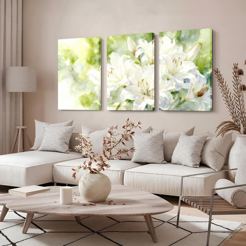 «White Lily», ensemble de 3 panneaux, impression botanique moderne pour décor de salon ou de chambre à coucher