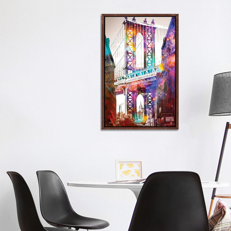 Time Travel at the Brooklyn Bridge 1 Piece Wall Art on Canvas, 101.6 cm H x 66.04 cm W, Classic Brown Wood Framed