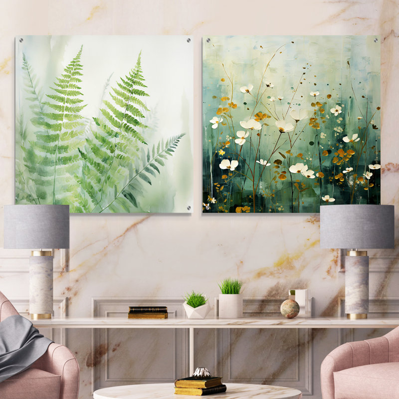 Fougères vertes sereines vertes et blanches I - ensemble de 2 peintures murales abstraites en acrylique, H 16 po x l 33 po