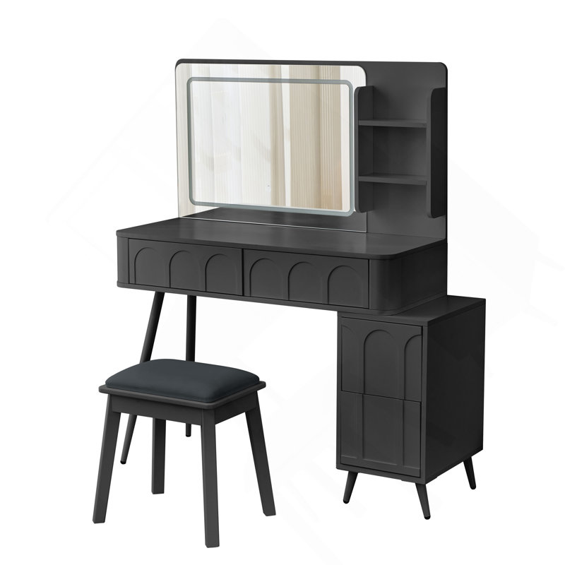 Meuble-lavabo moderne avec lumières DEL et miroir, ensemble de coiffeuse 4 tiroirs avec tabouret, luminosité à intensité variable de 3 couleurs, peu encombrant pour la chambre à coucher