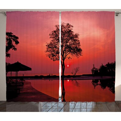 Sunrise Silhouette of Misty Twilight Sky with Tree and Nature Reflections Exotic Image Graphic Print & Text Semi-Sheer Rod Pocket Curtain Panels -  Ambesonne, p_27401_108x84