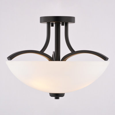 River Grove 3-Light 14.5 In. Wide Matte Black Bowl Semi Flush Mount Lighting Fixture, Frosted White Glass Shade, LED Compatible, For Low Ceilings, Bedroom, Hallway, Kitchen