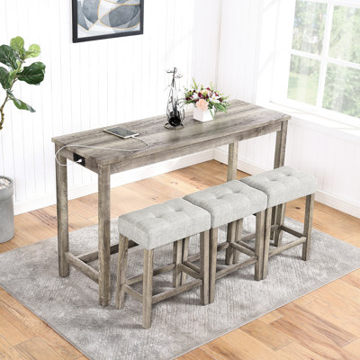 Industrial Bar Table And Chairs With Power Outlet, 4 Piece Dining - Table, Solid Wood Chairs, Curved Cushions On Stools, Space Saving Stools Design For Various Rooms Tactile Soft Fabric, Feature,