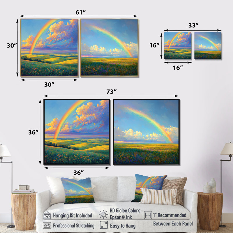 «Rainbow Over The Windy Plains I» - art mural arc-en-ciel - ensemble d'art mural traditionnel 2 pièces, H 36 po x l 73 po