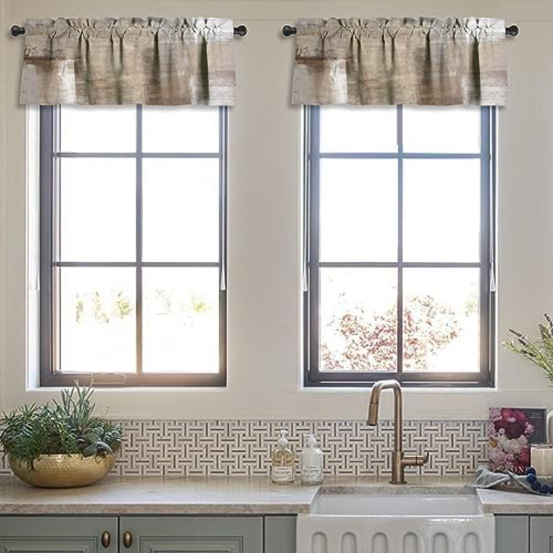 Beige Grey Kitchen Curtains Abstract Art Valances For Windows Blackout Window Treatment Valances Rod Pocket Curtain Valance For Bathroom Bedroom Living Room Cafe,52 X 18 Inch,2 Panel
