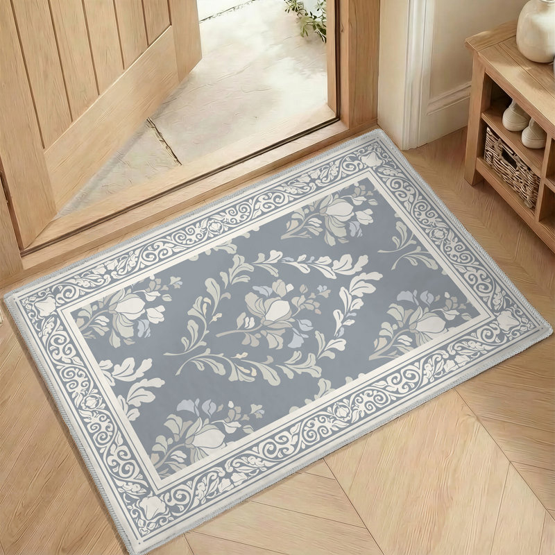 Tapis d'intérieur antidérapant 2 pi x 3 pi à motif floral lavable à la machine, grège, Grège, Rectangulaire 2 pi x 3 pi