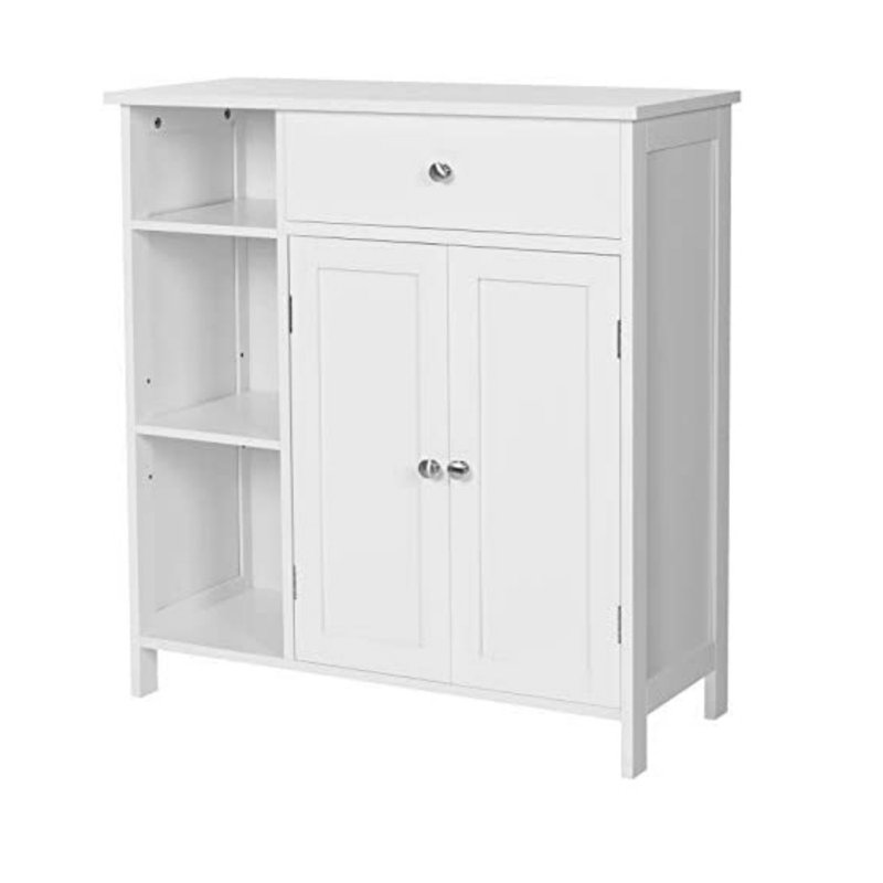 Freestanding Storage Cabinet with Drawer, 3 Open Compartments, Adjustable Shelves