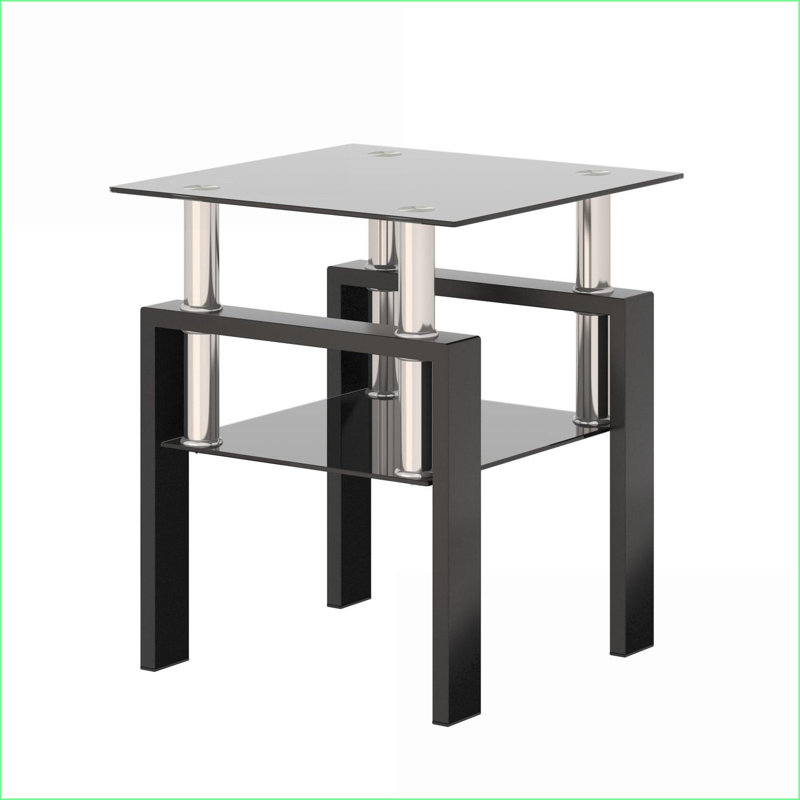Table basse carrée en verre trempé noir avec pieds en métal pour le salon, facile à nettoyer et durable, Noir