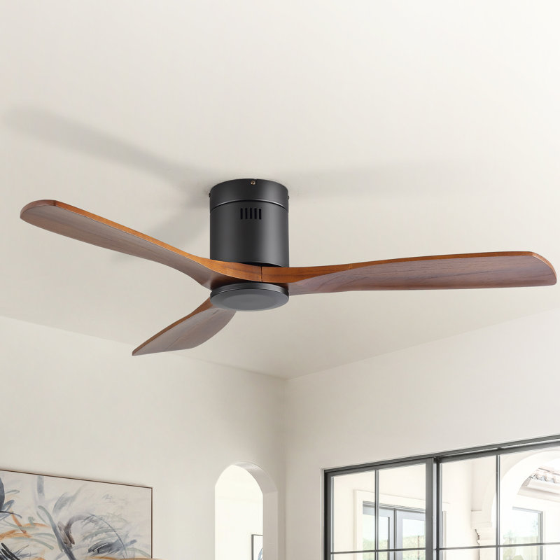 Sofucor Rachel 52'' 3-Solid Wood Blade Flush Mount Classic Ceiling Fan no Lights, Black with Brown Blade
