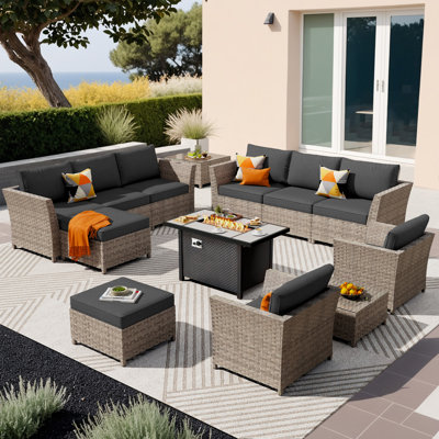 10 - Person Mostly No Assembly Required Patio Furniture Set With Chair, Outdoor Wicker Rattan Sectional Seating Group With Cushions, All Weather Sofa Conversation Set With Fire Pit Table For Garden Backyard