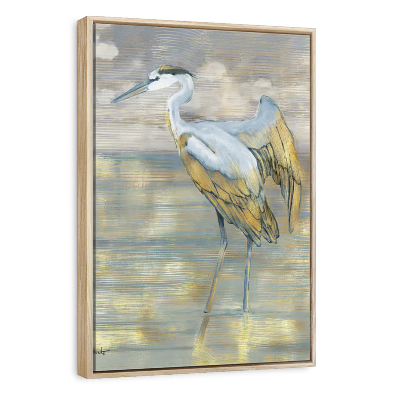 Héron bleu doré, Floating Frame Natural Wood, 13" x 19"