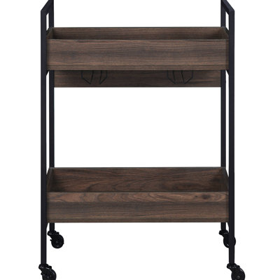 Chariot de service mobile brun + noir avec 2 tablettes, porte-gobelet, étable pour salle à manger élégante en noyer et noir, fabrication