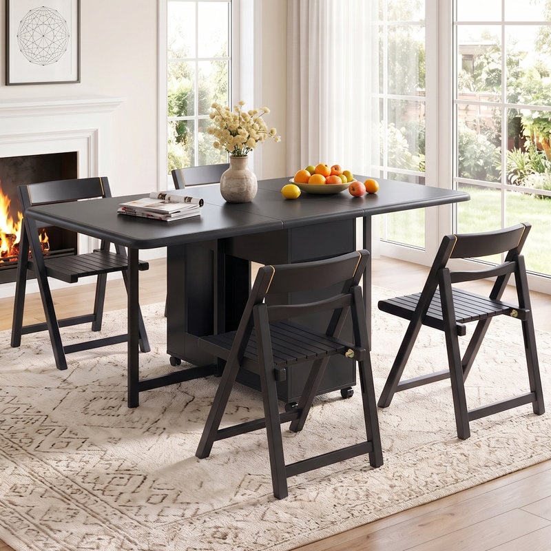 Folding Drop Leaf Dining Table with 4 chairs, Space saving foldable kitchen table, fully assembled, movable wooden butterfly table