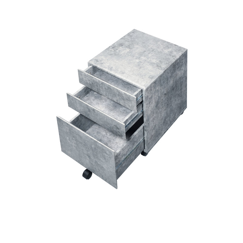 Classeur gris avec décorations en faux béton et 3 rangements - armoire argentée
