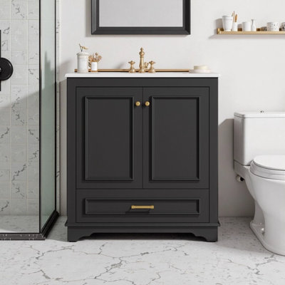 Meuble-lavabo moderne de 30 po avec lavabo en céramique, cadre en bois massif et portes à fermeture douce, 2 grandes armoires de rangement avec tablette réglable