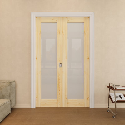 Porte en bois de pin et verre givré 48 po x 80 po avec serrure argentée, bois de pin naturel, dalle de porte en verre trempé d'intimité et de sécurité, pouvant être peinte et imperméable, combinaison pour garde-robe, portes de garde-manger, portes de chambre à coucher