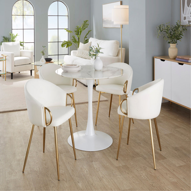 Chaise en métal et similicuir, Blanc, Doré