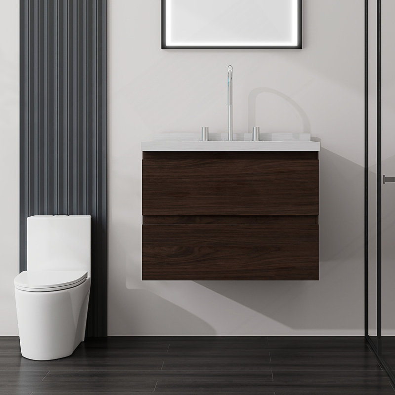 Meuble-lavabo flottant avec lavabo et tiroirs à fermeture en douceur, Brun, L 24 po