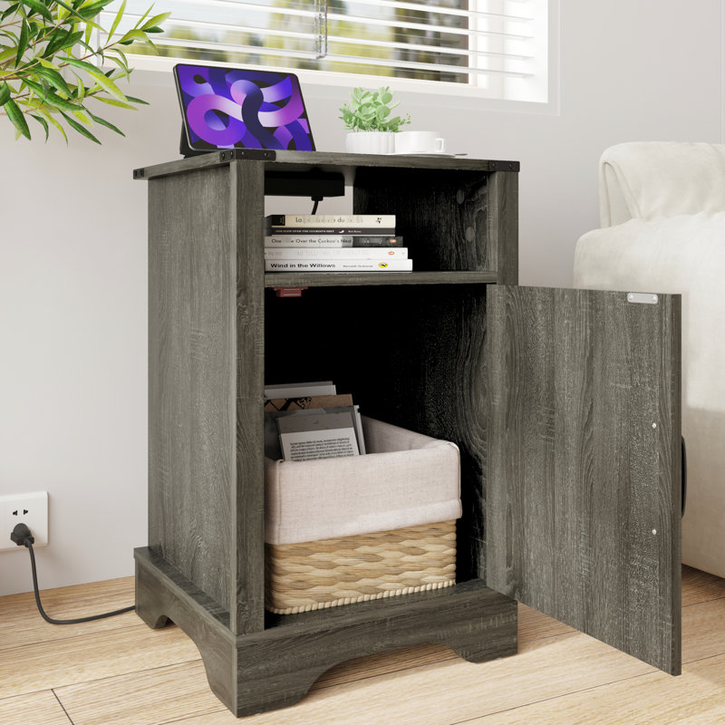 Arnoltice Tall Bedside Table With Electrical Outlets - Dark Gray. Rustic Wooden End Construction. Spacious Storage Side Ample And Convenient Charging For Devices