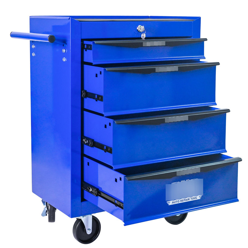 4 casiers à outils multifonctionnels en bleu, armoire en métal de 20 po avec glissières à roulement, 4 2 freins, poignée à tirer pour faciliter le déplacement de la boîte de rangement en acier, protection verrouillable