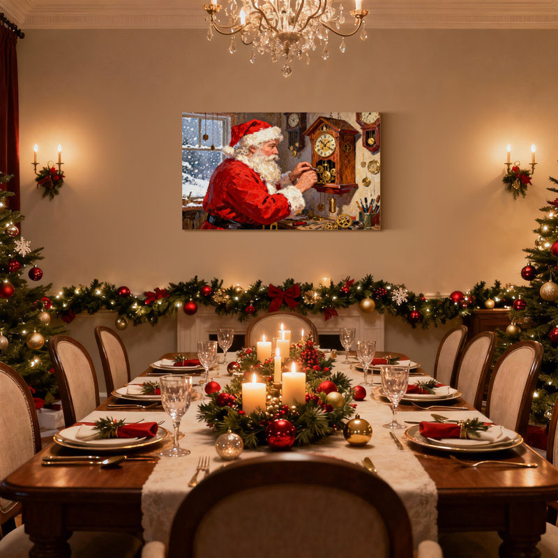 Noël, père Noël réparant une horloge dans un atelier, ensemble de 3 impressions sur toile, H 20 po x l 30 po