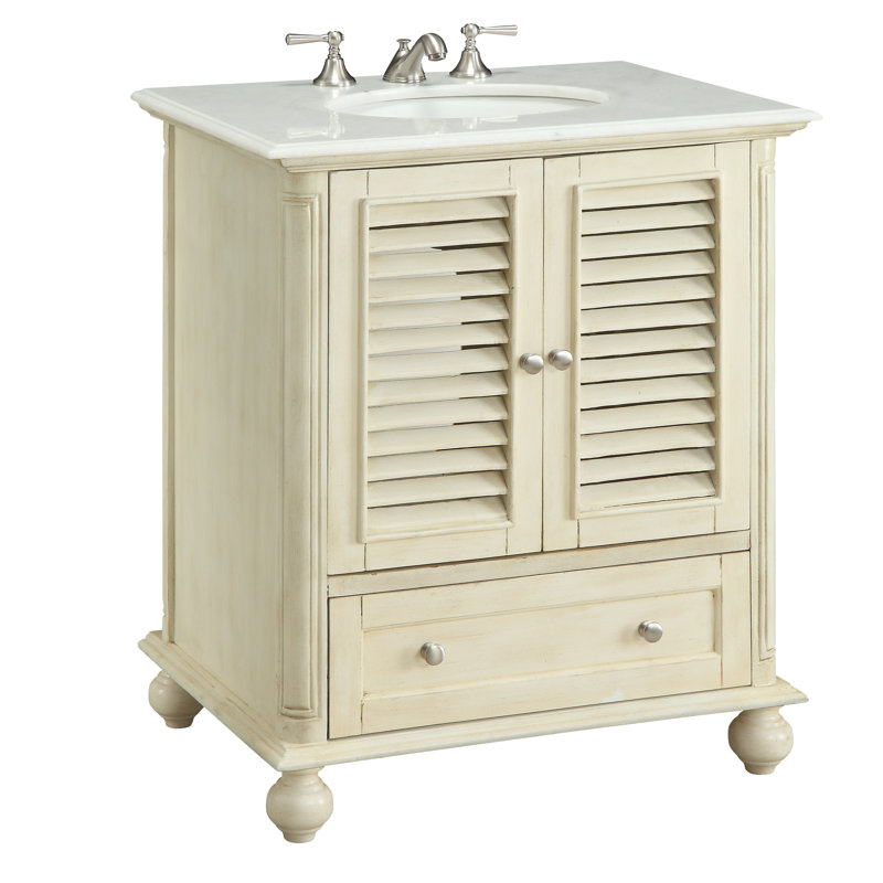 30'' Single Bathroom Vanity with Marble Top, Distressed Cream
