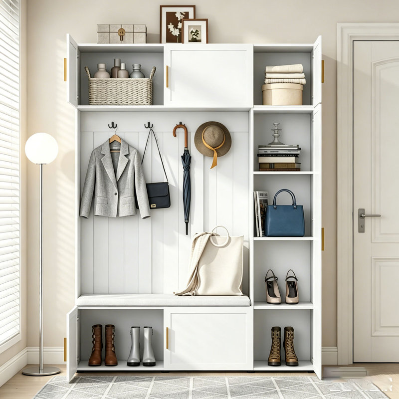 4-in-1 Hall Tree with Padded Bench, 4 Hooks, and Multi-Tier Storage Shelves, Ancient White