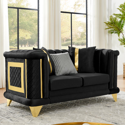 Mid Century Victorian Luxury 69 - Inch Velvet Couch With Gold Trim, Embroidered Texture And 3 Exquisite Pillows For Living Room Design 1 Fur & 2 Space